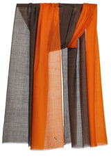 Draped Marigold ombre 100% cashmere stole in orange, brown and grey tones