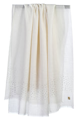 Moon White 100% cashmere stole with Swarovski crystals draped to show its soft, lightweight texture and elegant fall.