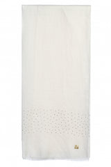 Full-length Moon White 100% cashmere stole in a luminous ivory white shade with swarovski crystals, shown flat to display its clean finish.
