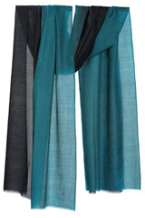 Draped Midnight Peacock ombre 100% cashmere stole in black and teal tones