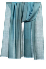 Draped Blue Lagoon cashmere stole showing four softly blended pastel color blocks in blue, aqua, pale green, and beige