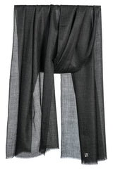 Draped Coal Black heathered cashmere stole showing deep black, graphite, and smoky charcoal-gray tonal variation