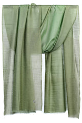 Draped Fern Green cashmere stole showing pastel fern green, muted mint, pale blue-green, and warm cream color blocks