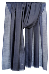 Draped Indigo Blue heathered cashmere stole showing deep navy, washed indigo, and muted blue tonal variation