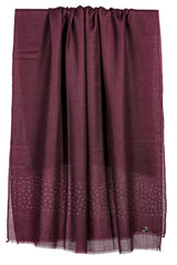 Draped Mulberry cashmere stole showing deep berry-purple, plum, and wine tones with delicate light-catching Swarovski-crystal embellishment