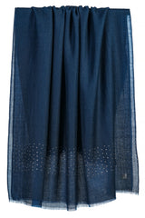 Draped Prussian Blue cashmere stole showing rich deep blue and navy tones with delicate light-catching Swarovski-crystal embellishment