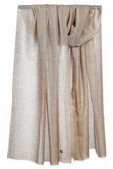 Draped Sandstone heathered cashmere stole showing blended light beige, oatmeal, taupe, and muted brown fibres