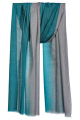 Teal Dusk cashmere stole with complementary teal and grey tones in a draped product view