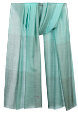 Draped Watermint cashmere stole showing softly graduated pastel aqua, mint, powder blue, and cream-beige color blocks